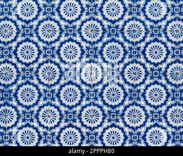 Traditional tiles with blue and white  geometric shape, adorning the facades of the houses in Aveiro, Portugal Stock Photo