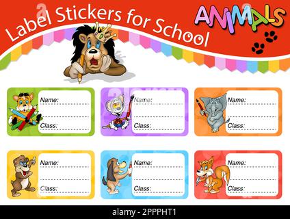 Set of School Labels with Cute Animals Stock Vector