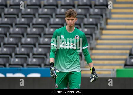 Swansea, Wales. 24 April 2023. Goalkeeper Luke Faxon of Sheffield United during the Professional Development League game between Swansea City Under 21 and Sheffield United Under 21 at the Swansea.com Stadium in Swansea, Wales, UK on 24 April 2023. Credit: Duncan Thomas/Majestic Media/Alamy Live News. Stock Photo