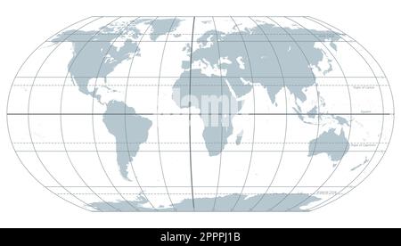 World most important circles of latitudes and longitudes, gray map Stock Vector
