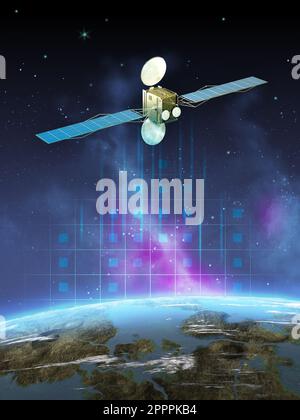 Modern communication satellite floating in space, close to Earth. 3D  illustration Stock Photo - Alamy