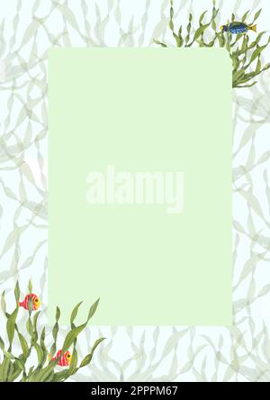 Watercolor vertical frame in marine style isolated on white background. Illustration with fishes, algae for postcard design,  invitation templates Stock Photo