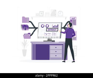 Man works on data extraction flat design Stock Vector