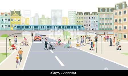 City with pedestrians and road traffic, illustration Stock Vector Image ...