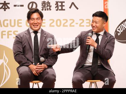 Tokyo, Japan. 24th Apr, 2023. Tokyo Suntory Sungoliath Kosuke Horikoshi (L) and Naoto Saito (R) hold a talk show in Tokyo on Monday, April 24, 2023. Four teams including Suntory Sungoliath advanced for the semi-finals of the Japan Rugby League One which will be held May 13 and 14. (photo by Yoshio Tsunoda/AFLO) Stock Photo