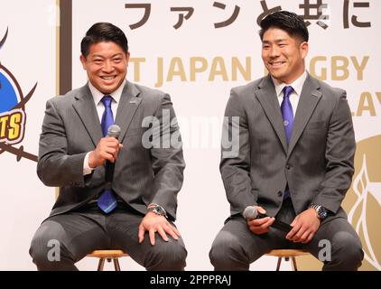 Tokyo, Japan. 24th Apr, 2023. Saitama Panasonic Wild Knights Atsushi Sakate (L) and Rikiya Matsuda(R) hold a talk show in Tokyo on Monday, April 24, 2023. Four teams including Panasonic Wild Knights advanced for the semi-finals of the Japan Rugby League One which will be held May 13 and 14. (photo by Yoshio Tsunoda/AFLO) Stock Photo