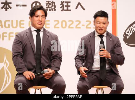 Tokyo, Japan. 24th Apr, 2023. Tokyo Suntory Sungoliath Kosuke Horikoshi (L) and Naoto Saito (R) hold a talk show in Tokyo on Monday, April 24, 2023. Four teams including Suntory Sungoliath advanced for the semi-finals of the Japan Rugby League One which will be held May 13 and 14. (photo by Yoshio Tsunoda/AFLO) Stock Photo