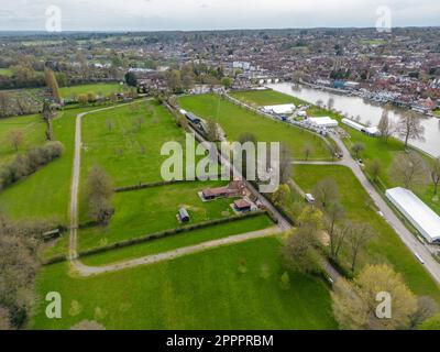 Aerial view of part of the Henley Regatta grounds (Lion Meadow, Butler's Field) beside the River Thames, Henley on Thames, Oxfordshire, UK. Stock Photo