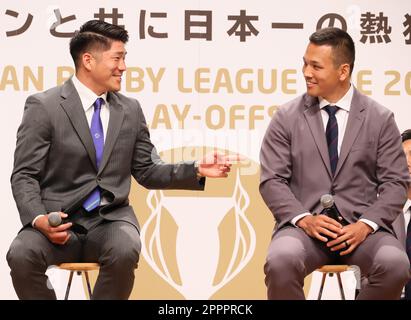 Tokyo, Japan. 24th Apr, 2023. Yokohama Canon Eagles Yusuke Kajimura (R) chats with Saitama Panasonic Wild Knights Rikiya Matsuda (L) during their talk show in Tokyo on Monday, April 24, 2023. Four teams advanced for the semi-finals of the Japan Rugby League One which will be held May 13 and 14. (photo by Yoshio Tsunoda/AFLO) Stock Photo
