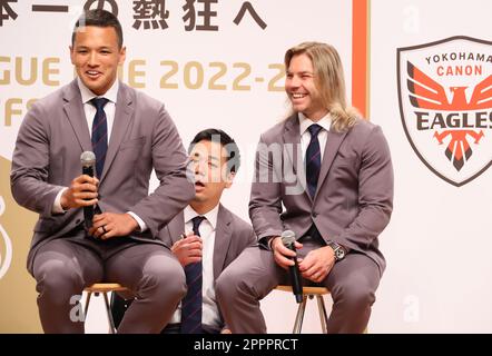 Tokyo, Japan. 24th Apr, 2023. Yokohama Canon Eagles Faf De Klerk (R) and Yusuke Kajimura (L) hold a talk show in Tokyo on Monday, April 24, 2023. Four teams including Canon Eagles advanced for the semi-finals of the Japan Rugby League One which will be held May 13 and 14. (photo by Yoshio Tsunoda/AFLO) Stock Photo