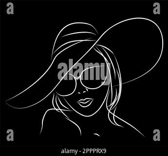 contour white female portrait on a black background, logo, monochrome design Stock Photo