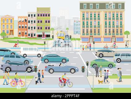 Big city with pedestrians and road traffic, illustration Stock Vector ...