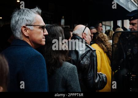 Paris, France. 24th Apr, 2023. Jan Schmidt-Whitley/Le Pictorium - Pots and pans in front of the theatre of the Moliere 2024 ceremony and rally in Place de l'Hotel de Ville - 24/04/2023 - France/Paris/Paris - A few dozen demonstrators gathered in front of the Theatre of Paris where the Moliere ceremony is taking place this evening. They then joined another rally at the Place de l'Hotel de Ville in Paris before moving on to the Gare de Lyon. Credit: LE PICTORIUM/Alamy Live News Stock Photo