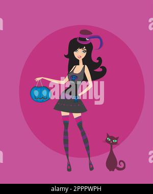 Halloween witch standing with pumpkin Stock Vector