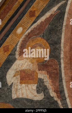 Medieval wall painting of an angel as the symbol of the evangelist Matthew, Sæby, Zealand, Denmark, April 6, 2023 Stock Photo