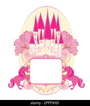 magical fairy tale land - decorative card with a castle and and beautiful pink unicorns Stock Vector