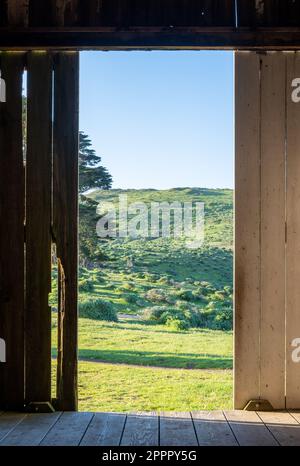 View of green landscape from inside doorway of rustic barn Stock Photo