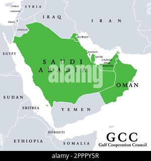 Gulf Cooperation Council, GCC member states, political map Stock Vector