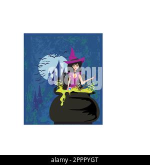 Halloween witch preparing potion Stock Vector