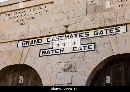 Line curtain wall entrance to Grand Casemates Square, Grand Casemates Gate, formerly Waterport Gate and Water Gate. Inscribed with Sir Iohn Adye, Gove Stock Photo