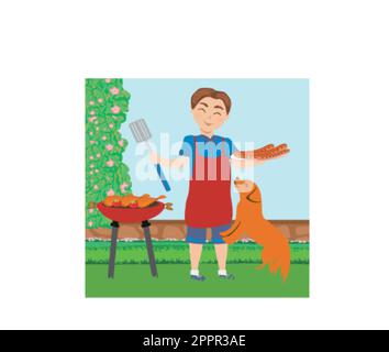 A man grilling in the backyard sausages and chicken thighs Stock Vector