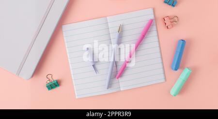 A colorful composition of a set of stationery for study and office. Back to school. Stock Photo