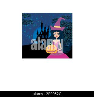 Halloween witch standing with pumpkin Stock Vector