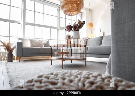 Cozy grey sofas and coffee table with bouquet of dried protea flowers in living room Stock Photo
