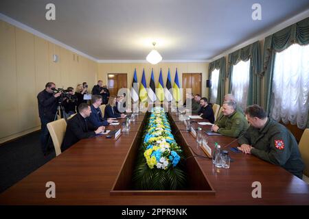 Zhytomyr, Ukraine. 24th Apr, 2023. Ukrainian President Volodymyr Zelenskyy, right, and delegation hold bilateral discussions with Estonian Prime Minister Kaja Kallas, April 24, 2023 in Zhytomyr, Ukraine. Credit: Pool Photo/Ukrainian Presidential Press Office/Alamy Live News Stock Photo