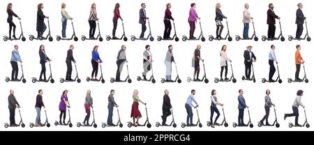 group of successful people on scooter isolated Stock Photo