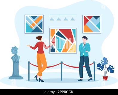 Art Gallery Museum Cartoon Illustration with Exhibition, Culture, Sculpture, Painting and Some People to See it in Flat Style Design Stock Vector