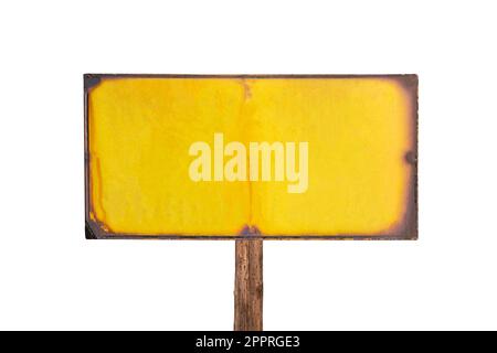Rusty old blank yellow sign.  Isolated with cut out background. Stock Photo