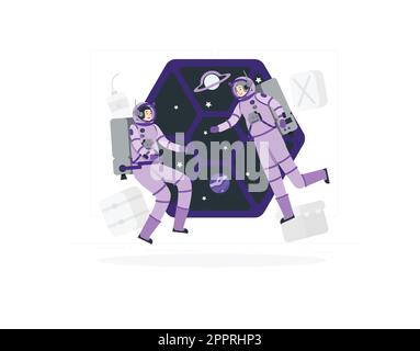 two astronauts floating around space station Stock Vector