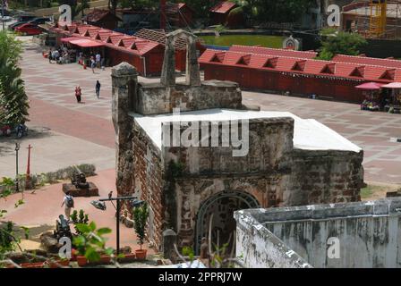 A fomosa is a weathered stone and brick ancient former Portuguese fort built in 1512 in Melacca, Malaysia. Stock Photo