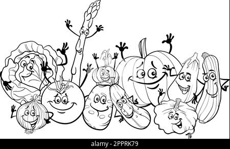 funny cartoon vegetables characters group coloring page Stock Vector