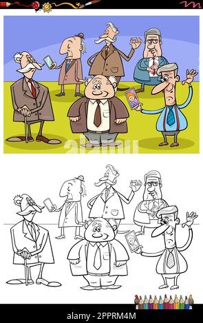 cartoon elder men or seniors group coloring page Stock Vector