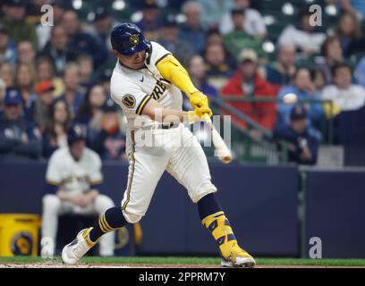 April 8, 2023: Milwaukee Brewers catcher William Contreras (24) hits a ball  during the game between the Milwaukee Brewers and the St. Louis Cardinals  at American Family Field on April 8, 2023