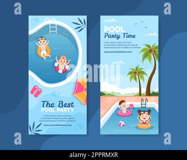 Summer Pool Party Vertical Banner Template Cartoon Background Vector Illustration Stock Vector