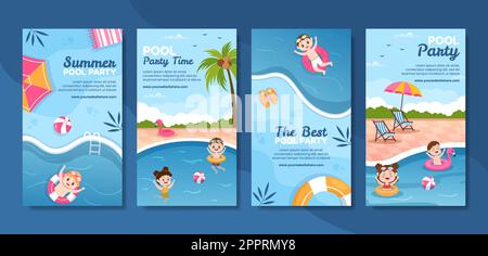 Summer Pool Party Social Media Stories Template Cartoon Background Vector Illustration Stock Vector