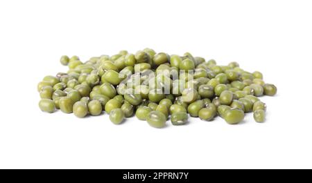 Pile of green mung beans isolated on white. Organic grains Stock Photo
