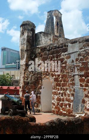 A fomosa is a weathered stone and brick ancient former Portuguese fort built in 1512 in Melacca, Malaysia. Stock Photo