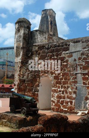 A fomosa is a weathered stone and brick ancient former Portuguese fort built in 1512 in Melacca, Malaysia. Stock Photo