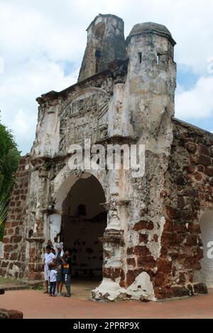 A fomosa is a weathered stone and brick ancient former Portuguese fort built in 1512 in Melacca, Malaysia. Stock Photo