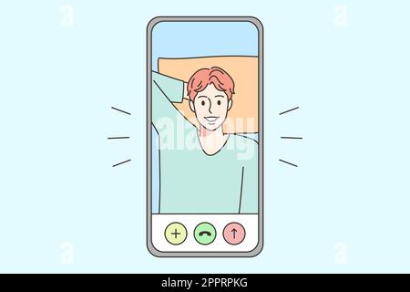 Smiling man talk on video call on smartphone Stock Vector