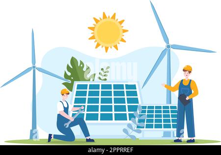 Solar Energy Installation, Panel or Wind Turbine Maintenance with Home Service Team For Electricity Network Operation in Cartoon Illustration Stock Vector