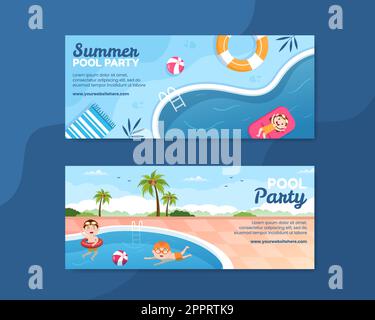 Summer Pool Party Horizontal Banner Template Cartoon Background Vector Illustration Stock Vector