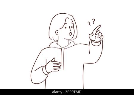 Frustrated girl point with finger at something Stock Vector