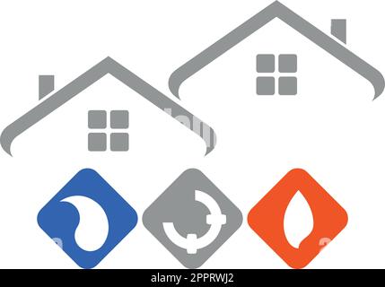 Two houses and fire, pipes, water, plumber and plumber logo Stock Vector