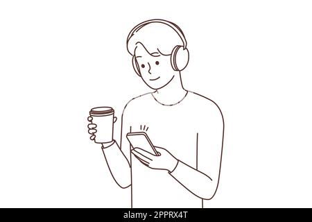Man in headphones texting on smartphone Stock Vector