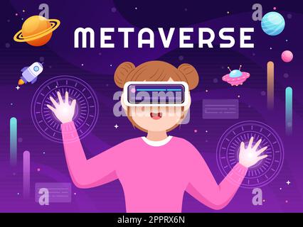 Metaverse Digital Virtual Reality Technology wears VR Glasses for Future Innovation and Communication in Hand Drawn Flat Cartoon Illustration Stock Vector